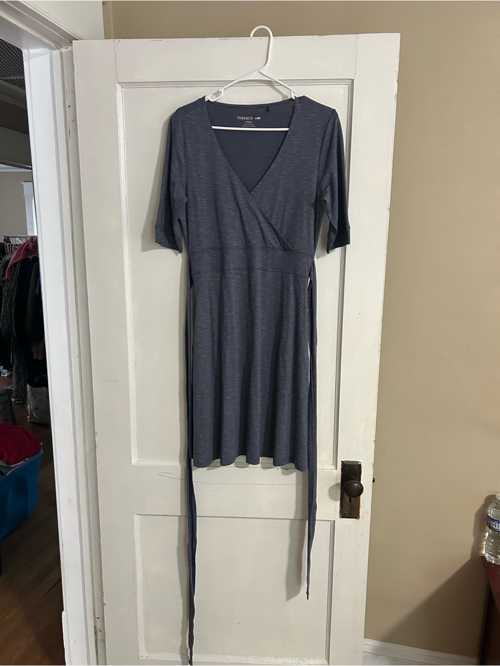 Toad&Co Slate Blue Wrap Dress with Short Sleeves